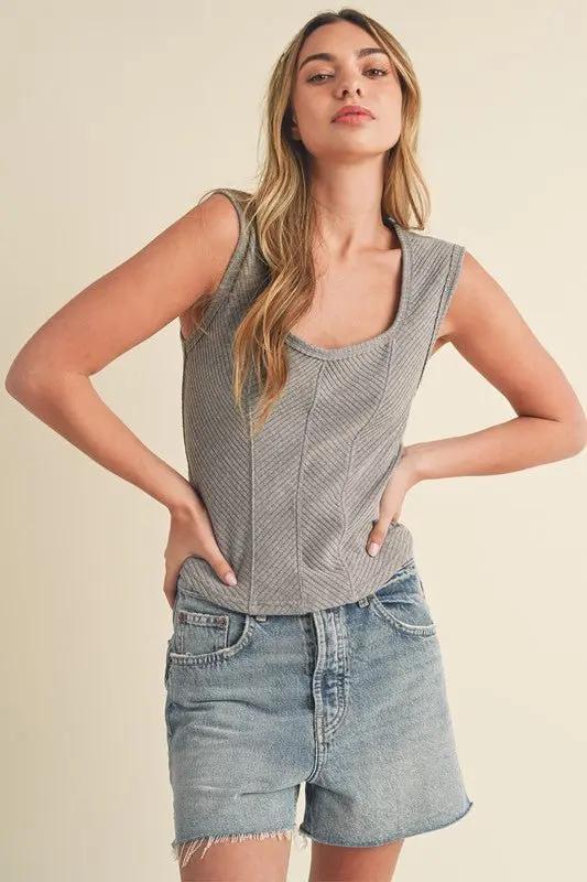 Aemi + Co Exposed Seam Ribbed Wide Strap Tank Top - Love Salve